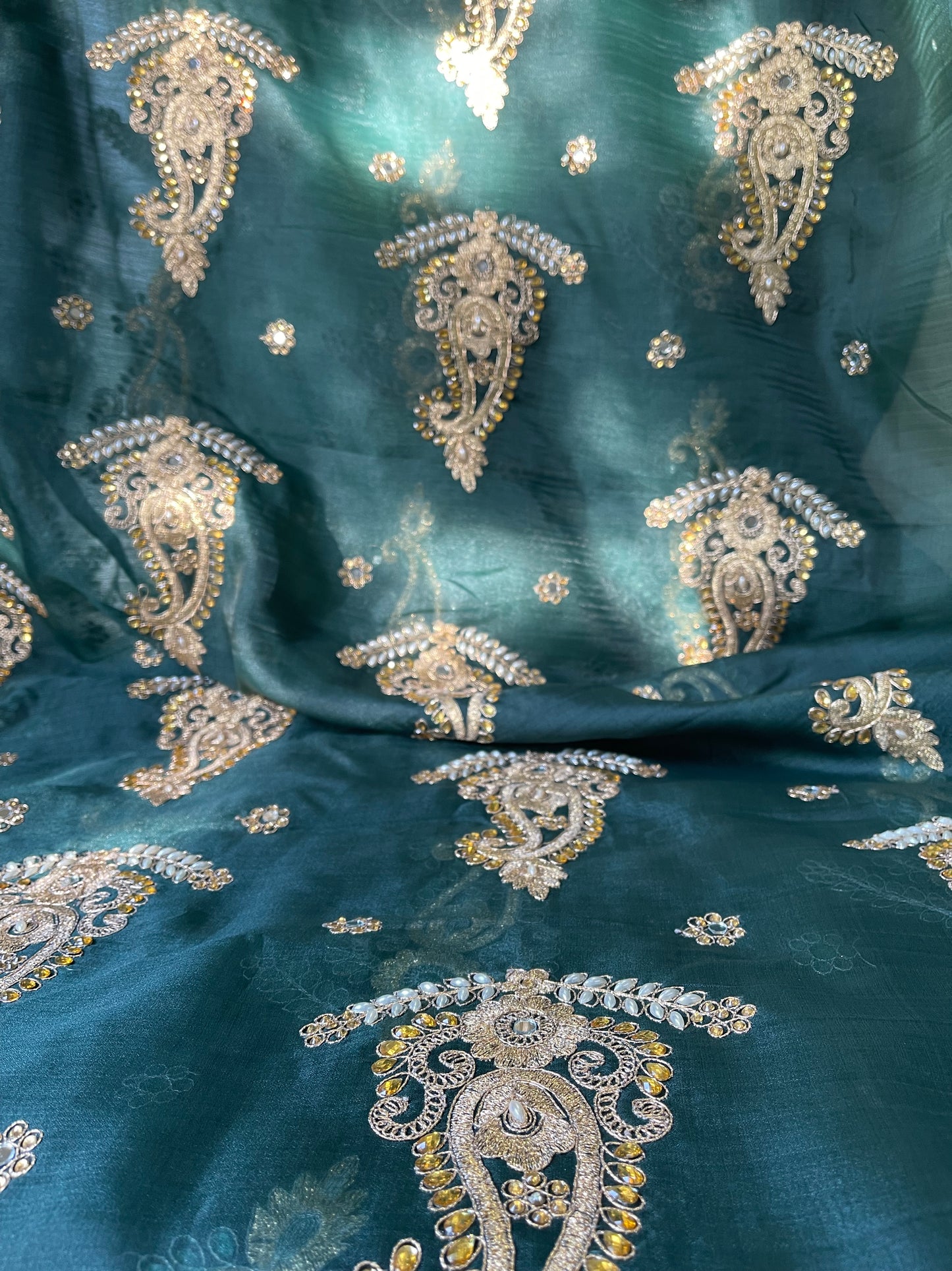 Golden Mango embroidered sheer voile fabric.